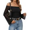imageMANGOPOP Womens Off The Shoulder Double Lined Bodysuit Mesh Bell Sleeve Body Suits Sexy Going Out Fall Backless Tops 202501 Black