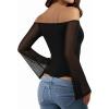 imageMANGOPOP Womens Off The Shoulder Double Lined Bodysuit Mesh Bell Sleeve Body Suits Sexy Going Out Fall Backless Tops 202501 Black