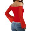imageMANGOPOP Womens Off The Shoulder Double Lined Bodysuit Mesh Bell Sleeve Body Suits Sexy Going Out Fall Backless Tops 202503 Red