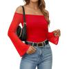 imageMANGOPOP Womens Off The Shoulder Double Lined Bodysuit Mesh Bell Sleeve Body Suits Sexy Going Out Fall Backless Tops 202503 Red