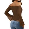imageMANGOPOP Womens Off The Shoulder Double Lined Bodysuit Mesh Bell Sleeve Body Suits Sexy Going Out Fall Backless Tops 202504 Brown