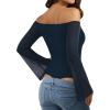 imageMANGOPOP Womens Off The Shoulder Double Lined Bodysuit Mesh Bell Sleeve Body Suits Sexy Going Out Fall Backless Tops 202505 Dark Blue