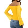 imageMANGOPOP Womens Off The Shoulder Double Lined Bodysuit Mesh Bell Sleeve Body Suits Sexy Going Out Fall Backless Tops 202506 Yellow