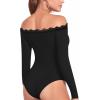imageMANGOPOP Womens Off The Shoulder Long Sleeve Bodysuit Lace Body Suits Sexy Tops Fall Outfit 202501 Black