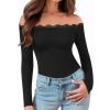 imageMANGOPOP Womens Off The Shoulder Long Sleeve Bodysuit Lace Body Suits Sexy Tops Fall Outfit 202501 Black