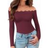 imageMANGOPOP Womens Off The Shoulder Long Sleeve Bodysuit Lace Body Suits Sexy Tops Fall Outfit 2025Burgundy