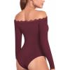 imageMANGOPOP Womens Off The Shoulder Long Sleeve Bodysuit Lace Body Suits Sexy Tops Fall Outfit 2025Burgundy