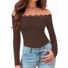 imageMANGOPOP Womens Off The Shoulder Long Sleeve Bodysuit Lace Body Suits Sexy Tops Fall Outfit 2025Coffee