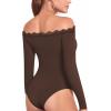 imageMANGOPOP Womens Off The Shoulder Long Sleeve Bodysuit Lace Body Suits Sexy Tops Fall Outfit 2025Coffee