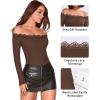 imageMANGOPOP Womens Off The Shoulder Long Sleeve Bodysuit Lace Body Suits Sexy Tops Fall Outfit 2025Coffee