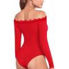 imageMANGOPOP Womens Off The Shoulder Long Sleeve Bodysuit Lace Body Suits Sexy Tops Fall Outfit 2025Red