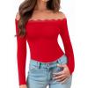imageMANGOPOP Womens Off The Shoulder Long Sleeve Bodysuit Lace Body Suits Sexy Tops Fall Outfit 2025Red