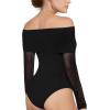 imageMANGOPOP Womens Off The Shoulder Long Sleeve Bodysuit Sexy Sheer Mesh Top Double Lined Body Suits Fall Outfit 202501 Black