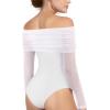 imageMANGOPOP Womens Off The Shoulder Long Sleeve Bodysuit Sexy Sheer Mesh Top Double Lined Body Suits Fall Outfit 202501 White