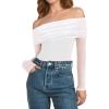 imageMANGOPOP Womens Off The Shoulder Long Sleeve Bodysuit Sexy Sheer Mesh Top Double Lined Body Suits Fall Outfit 202501 White