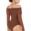 imageMANGOPOP Womens Off The Shoulder Long Sleeve Bodysuit Sexy Sheer Mesh Top Double Lined Body Suits Fall Outfit 2025Deep Coffee