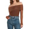 imageMANGOPOP Womens Off The Shoulder Long Sleeve Bodysuit Sexy Sheer Mesh Top Double Lined Body Suits Fall Outfit 2025Deep Coffee