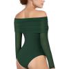 imageMANGOPOP Womens Off The Shoulder Long Sleeve Bodysuit Sexy Sheer Mesh Top Double Lined Body Suits Fall Outfit 2025Deep Green