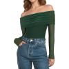 imageMANGOPOP Womens Off The Shoulder Long Sleeve Bodysuit Sexy Sheer Mesh Top Double Lined Body Suits Fall Outfit 2025Deep Green
