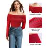 imageMANGOPOP Womens Off The Shoulder Long Sleeve Bodysuit Sexy Sheer Mesh Top Double Lined Body Suits Fall Outfit 2025Red