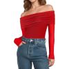 imageMANGOPOP Womens Off The Shoulder Long Sleeve Bodysuit Sexy Sheer Mesh Top Double Lined Body Suits Fall Outfit 2025Red