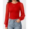 imageMANGOPOP Womens Sheer Mesh Puff Long Sleeve Bodysuit Double Lined Crew Neck Thong Body Suits Trendy Fall Tops 2025Red