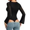 imageMANGOPOP Womens Square Neck Bell Sleeve Bodysuit Mesh Double Lined Body Suits Trend Going Out Tops Fall Outfits 2025A01 Black
