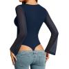 imageMANGOPOP Womens Square Neck Bell Sleeve Bodysuit Mesh Double Lined Body Suits Trend Going Out Tops Fall Outfits 2025Deep Blue