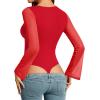 imageMANGOPOP Womens Square Neck Bell Sleeve Bodysuit Mesh Double Lined Body Suits Trend Going Out Tops Fall Outfits 2025Red
