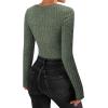 imageMANGOPOP Womens V Neck Long Sleeve Bodysuit Sweater Slim Fitted Body Suit Thermal Fleece Ribbed Knit Fall Tops 2025Army Green