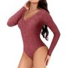imageMANGOPOP Womens V Neck Long Sleeve Bodysuit Sweater Slim Fitted Body Suit Thermal Fleece Ribbed Knit Fall Tops 2025Burgundy