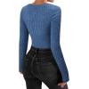 imageMANGOPOP Womens V Neck Long Sleeve Bodysuit Sweater Slim Fitted Body Suit Thermal Fleece Ribbed Knit Fall Tops 2025Deep Blue