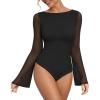 imageMANGOPOP Womens Boat Neck Bell Sleeve Bodysuit Sexy Sheer Mesh Double Lined Body Suits Going Out Fall Tops 202501 Black