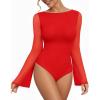 imageMANGOPOP Womens Boat Neck Bell Sleeve Bodysuit Sexy Sheer Mesh Double Lined Body Suits Going Out Fall Tops 202503 Red