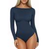 imageMANGOPOP Womens Boat Neck Long Sleeve Bodysuit Basic Thong Body Suit Fall Going Out Tops 2025Deep Blue