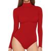imageMANGOPOP Womens Long Sleeve Thermal Fleece Bodysuit Mock Turtle Neck Body Suit Slim Warm Base Layer Tops Fall Outfits 2025Red