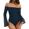 imageMANGOPOP Womens Off The Shoulder Double Lined Bodysuit Mesh Bell Sleeve Body Suits Sexy Going Out Fall Backless Tops 202505 Dark Blue