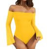 imageMANGOPOP Womens Off The Shoulder Double Lined Bodysuit Mesh Bell Sleeve Body Suits Sexy Going Out Fall Backless Tops 202506 Yellow