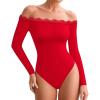 imageMANGOPOP Womens Off The Shoulder Long Sleeve Bodysuit Lace Body Suits Sexy Tops Fall Outfit 2025Red