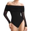 imageMANGOPOP Womens Off The Shoulder Long Sleeve Bodysuit Sexy Sheer Mesh Top Double Lined Body Suits Fall Outfit 202501 Black