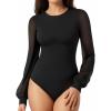 imageMANGOPOP Womens Sheer Mesh Puff Long Sleeve Bodysuit Double Lined Crew Neck Thong Body Suits Trendy Fall Tops 202501 Black