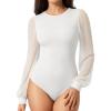 imageMANGOPOP Womens Sheer Mesh Puff Long Sleeve Bodysuit Double Lined Crew Neck Thong Body Suits Trendy Fall Tops 202502 White