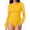 imageMANGOPOP Womens Sheer Mesh Puff Long Sleeve Bodysuit Double Lined Crew Neck Thong Body Suits Trendy Fall Tops 2025Yellow