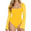 imageMANGOPOP Womens Square Neck Bell Sleeve Bodysuit Mesh Double Lined Body Suits Trend Going Out Tops Fall Outfits 2025Yellow