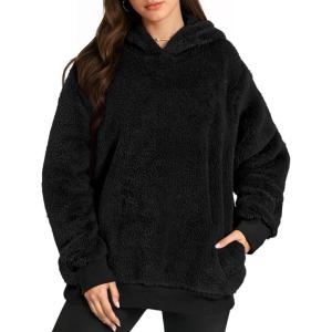 imageMANGOPOP Fleece Pullover for Women Oversized Sherpa Hoodie Cute Fuzzy Sweatshirt with Pockets Windproof Winter Outfits 2025Black