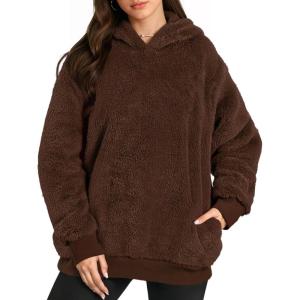imageMANGOPOP Fleece Pullover for Women Oversized Sherpa Hoodie Cute Fuzzy Sweatshirt with Pockets Windproof Winter Outfits 2025Brown