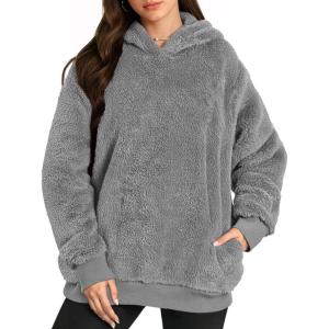imageMANGOPOP Fleece Pullover for Women Oversized Sherpa Hoodie Cute Fuzzy Sweatshirt with Pockets Windproof Winter Outfits 2025Grey