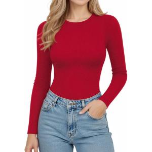 imageMANGOPOP Long Sleeve Shirts for Women Thermal Crew Neck Fitted Fleece Tops Trendy Going Out Fall Winter Womens Tops 2025Red