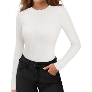imageMANGOPOP Long Sleeve Shirts for Women Thermal Ribbed Crew Neck Lightweight Sweater Fitted Fall Winter Womens Tops 2025 TrendyA02 White