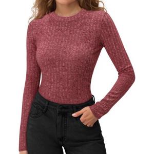 imageMANGOPOP Long Sleeve Shirts for Women Thermal Ribbed Crew Neck Lightweight Sweater Fitted Fall Winter Womens Tops 2025 TrendyBurgundy
